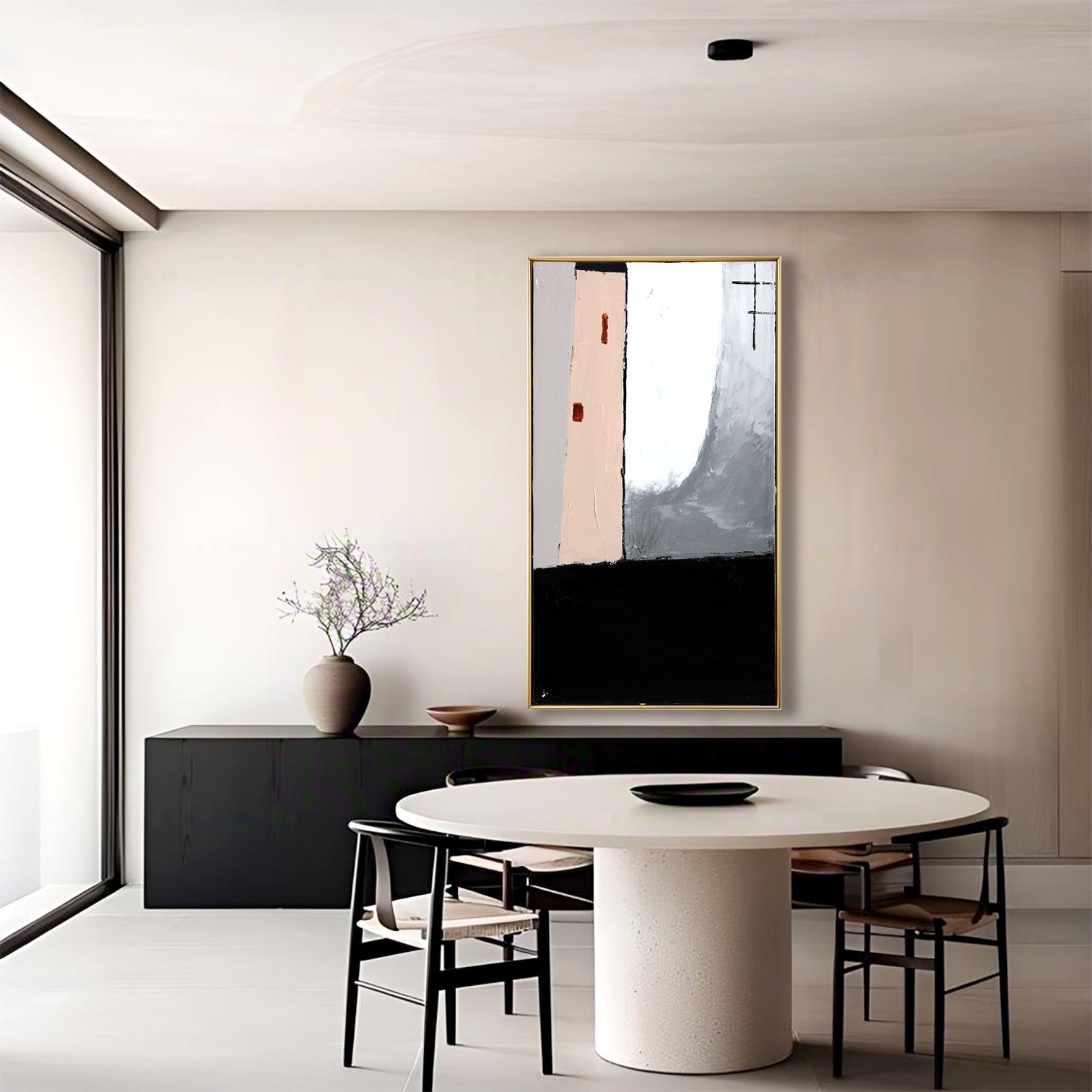 A room pic shows an minimalist deco painting, creating vintage, elegant, calm, cozy, sophisticated, and romantic vibes.				