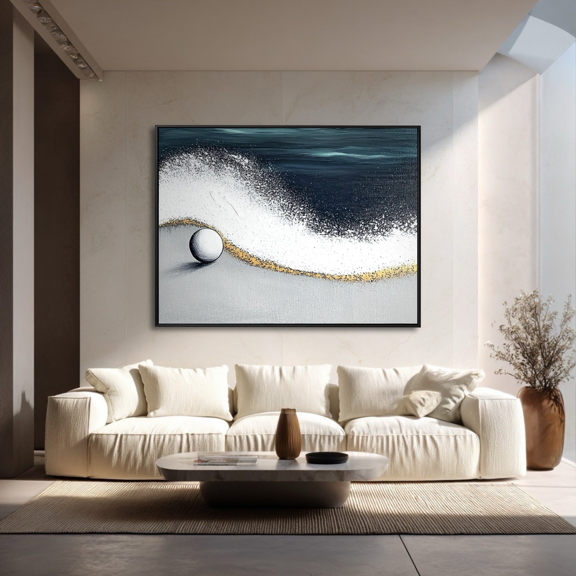 A horizontal abstract beach painting hangs centered above a white sofa in a bright, Scandinavian-style living room.