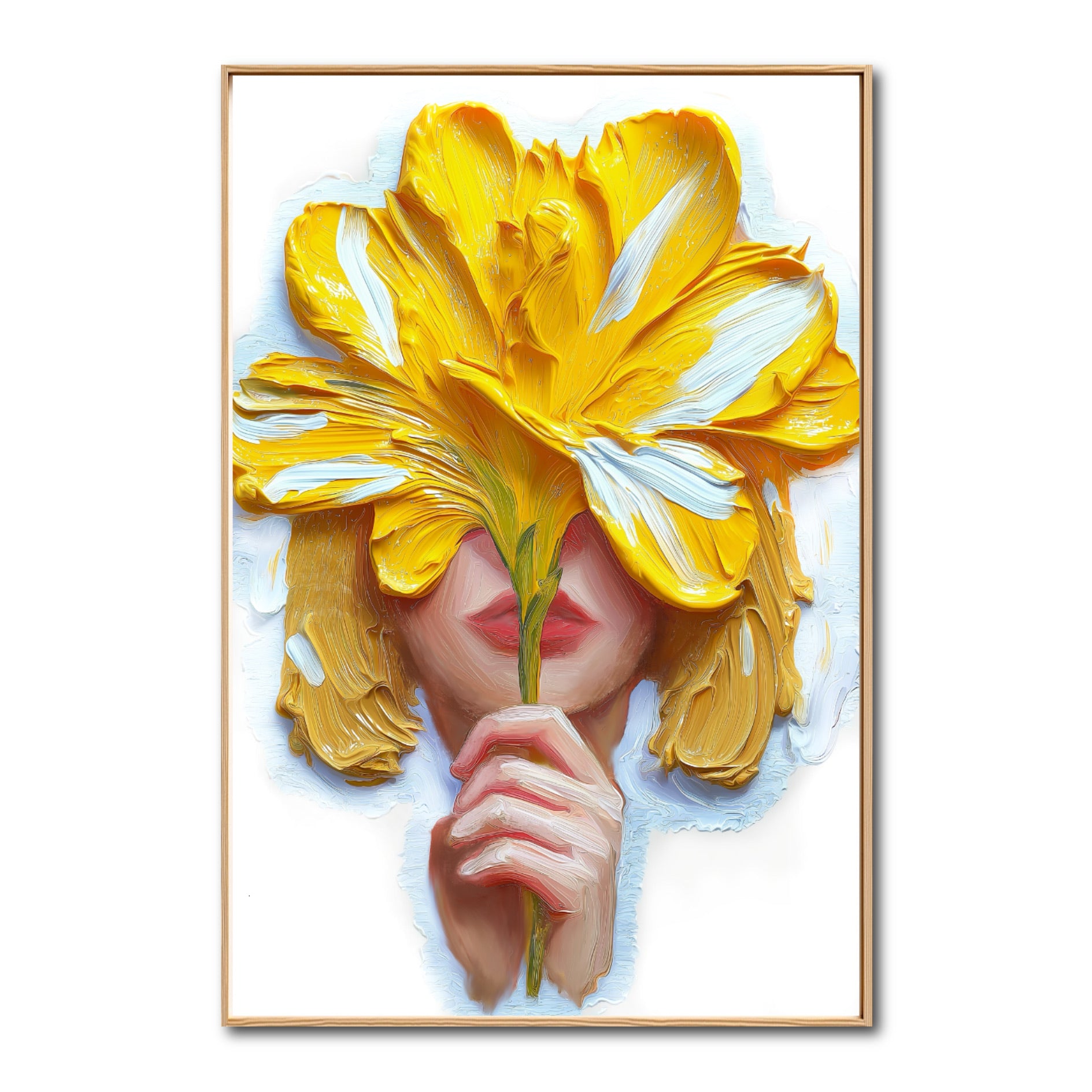 Original hand-painted yellow flower portrait. Highly textured palette knife oil painting, cheerful modern art, vibrant and bold.