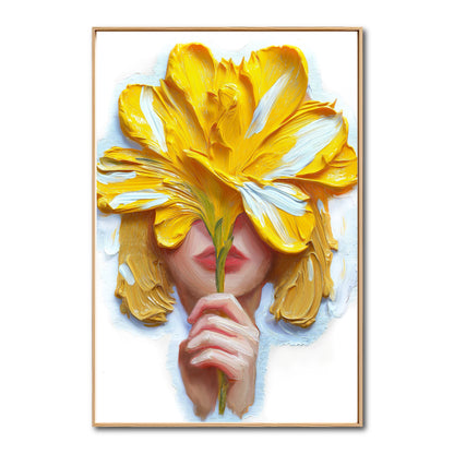 Original hand-painted yellow flower portrait. Highly textured palette knife oil painting, cheerful modern art, vibrant and bold.