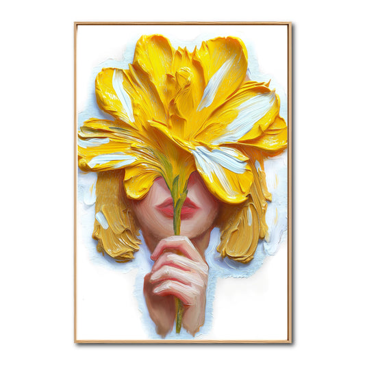 Original hand-painted yellow flower portrait. Highly textured palette knife oil painting, cheerful modern art, vibrant and bold.
