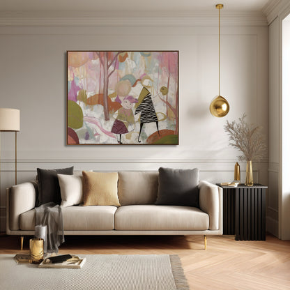 Abstract mother & child painting anchors modern living room; vibrant art contrasts neutral tones, adding warmth & style.