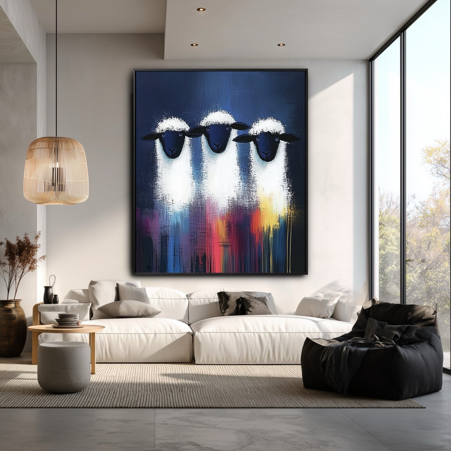 Large abstract sheep painting hangs in a bright, modern living room with a white sectional, black bean bag, and high ceilings.