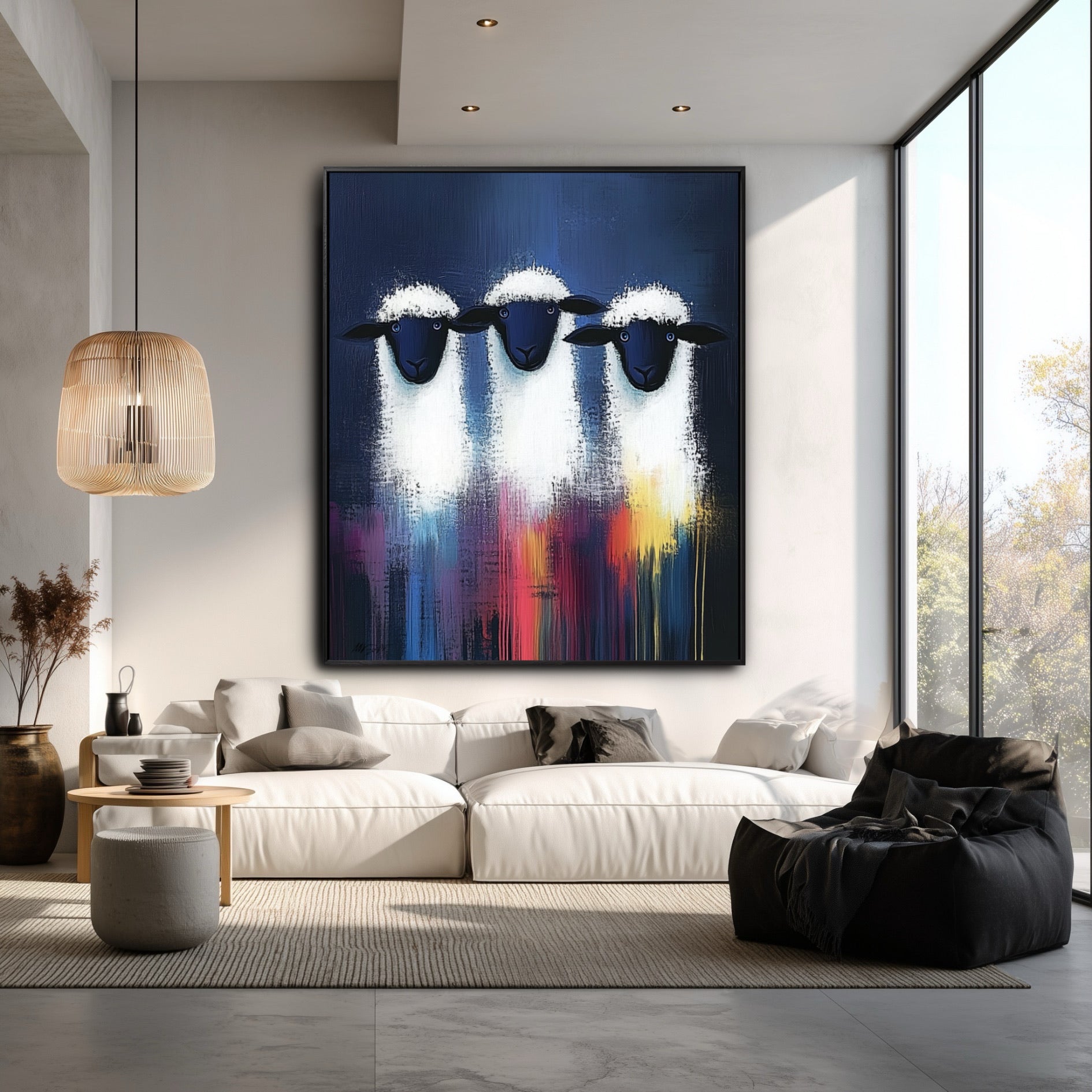 Large abstract sheep painting hangs in a bright, modern living room with a white sectional, black bean bag, and high ceilings.