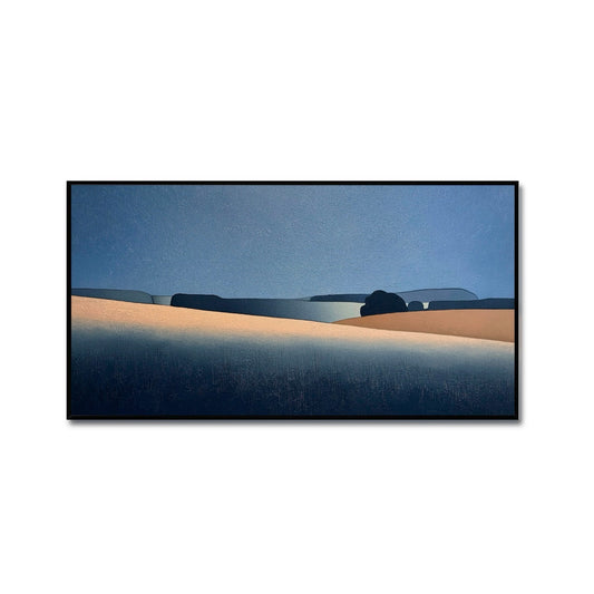 Original abstract landscape painting. Horizon of blue sky over warm desert hills & cool shadows. Modern serene hand-made art.