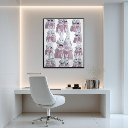 Soft, loving rabbit pop art over a minimalist white desk provides a warm, personal touch to the sleek, brightly-lit home office.