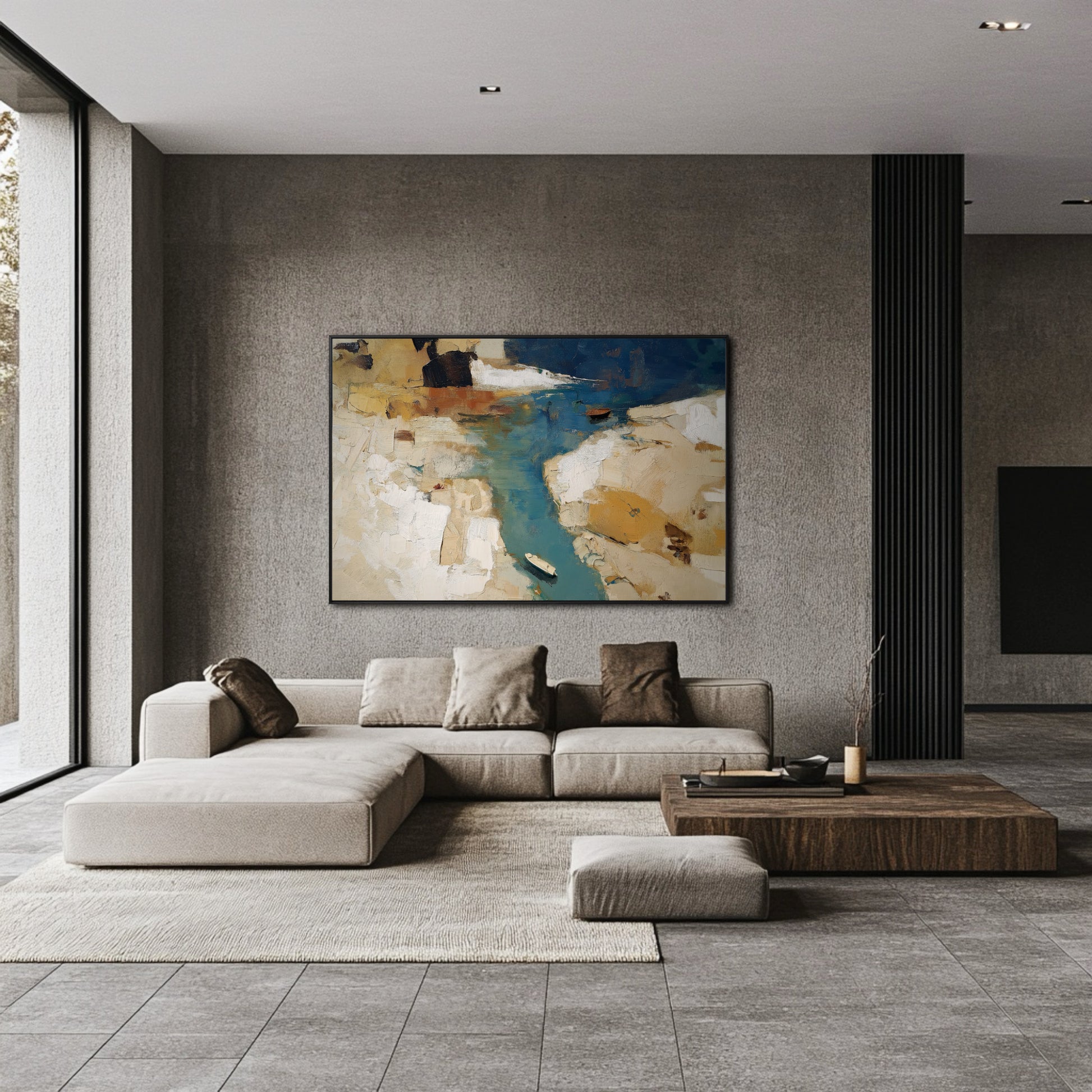 Dynamic abstract art adding earthy texture and color to the sleek, industrial living room with concrete walls and a low neutral sofa.