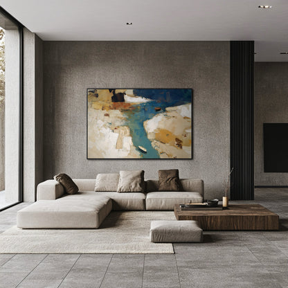 Dynamic abstract art adding earthy texture and color to the sleek, industrial living room with concrete walls and a low neutral sofa.