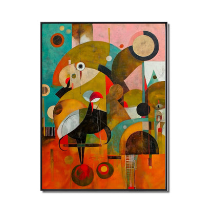 Original hand-painted geometric abstract art. Bold shapes, vibrant orange, teal, and olive color. Modern cubist style canvas.