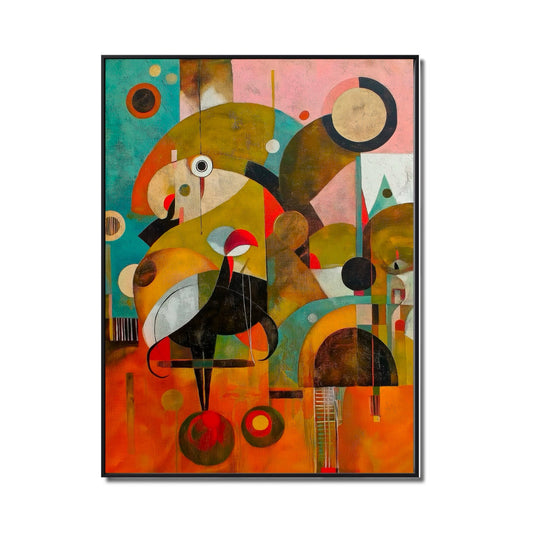 Original hand-painted geometric abstract art. Bold shapes, vibrant orange, teal, and olive color. Modern cubist style canvas.