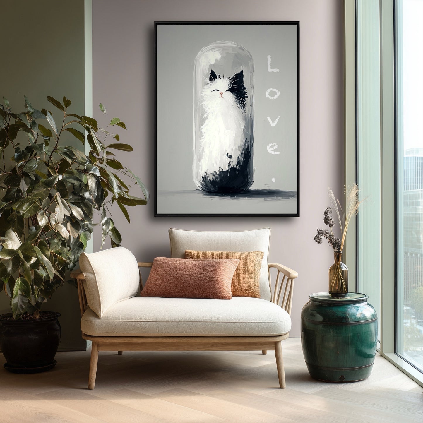 A charming cat painting creates a whimsical focal point in a cozy, sunlit reading corner with a beige armchair and green side table.