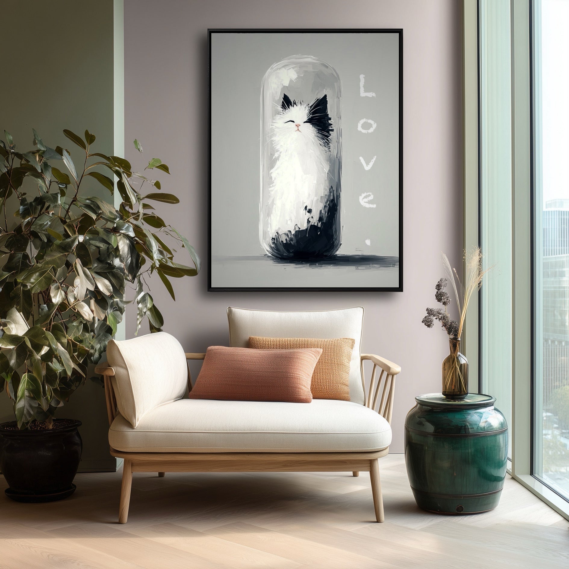 A charming cat painting creates a whimsical focal point in a cozy, sunlit reading corner with a beige armchair and green side table.