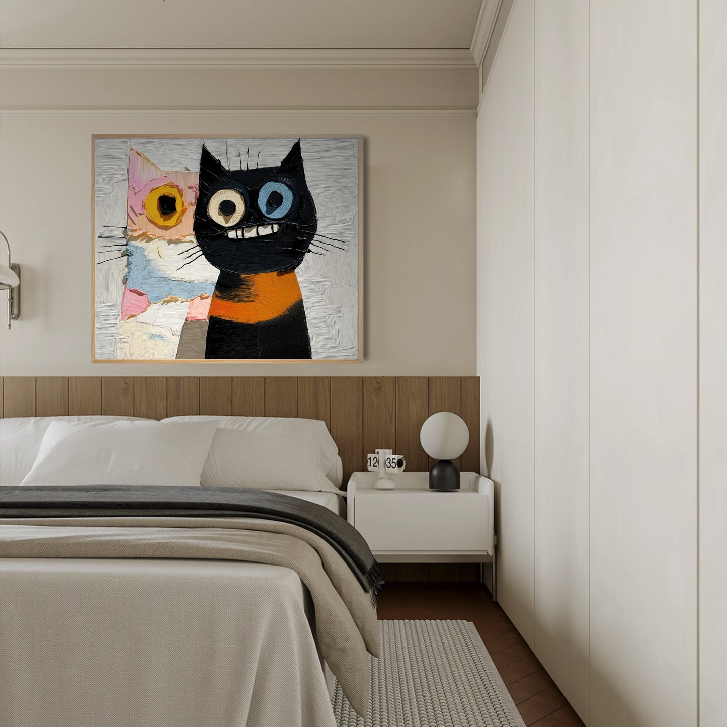 Modern abstract cat art above a sleek black vanity with wood drawers; a bold, expressive focal point for contemporary bedroom decor.