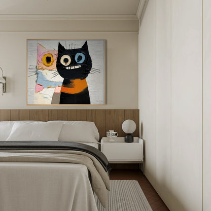Modern abstract cat art above a sleek black vanity with wood drawers; a bold, expressive focal point for contemporary bedroom decor.