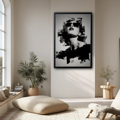 Framed portrait of a woman in a bright, serene living space with a large floor cushion, indoor plants, and a jute rug.