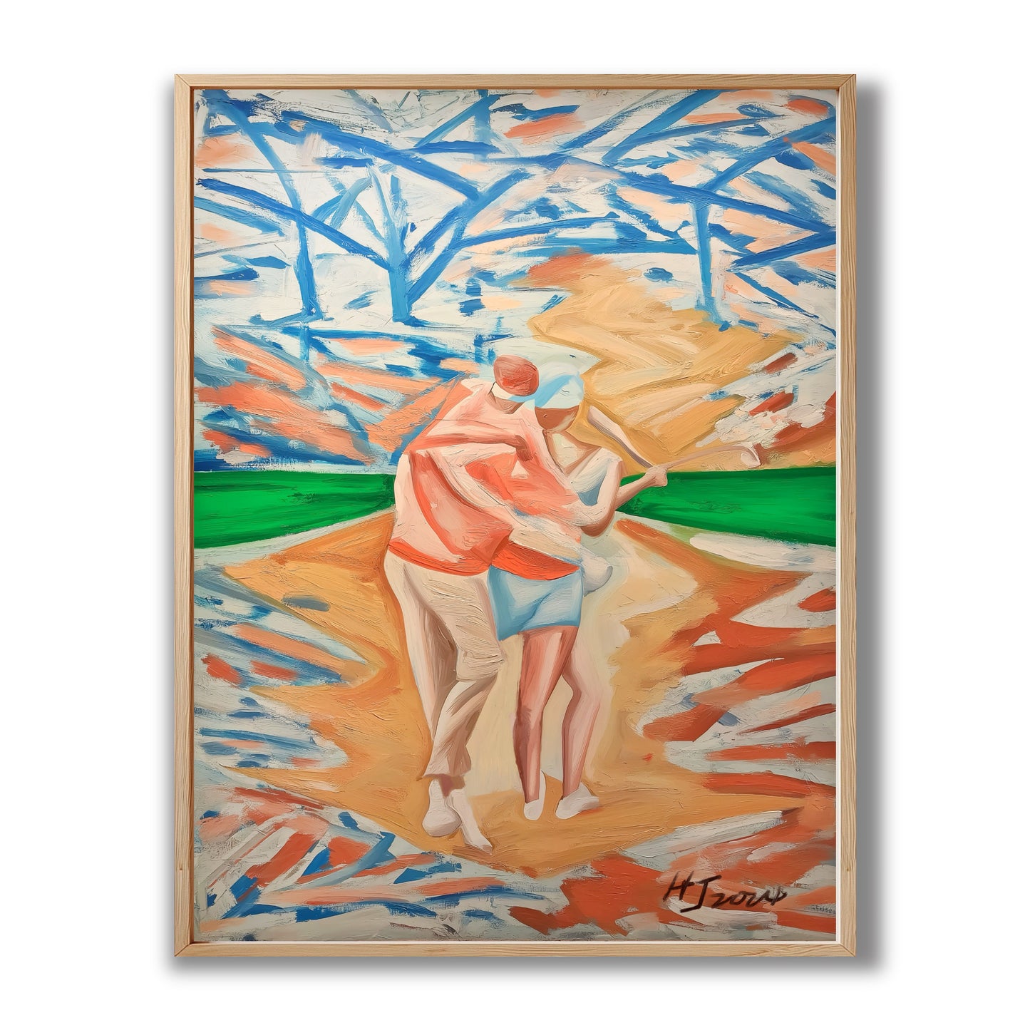 Original abstract oil painting of a couple playing golf. Warm orange and cool blue tones create a harmonious, connected vibe.