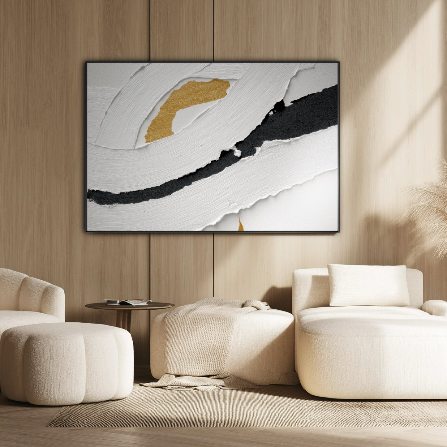 Large abstract painting with gold accents hanging on a light wood slat wall above a modern cream sectional sofa.