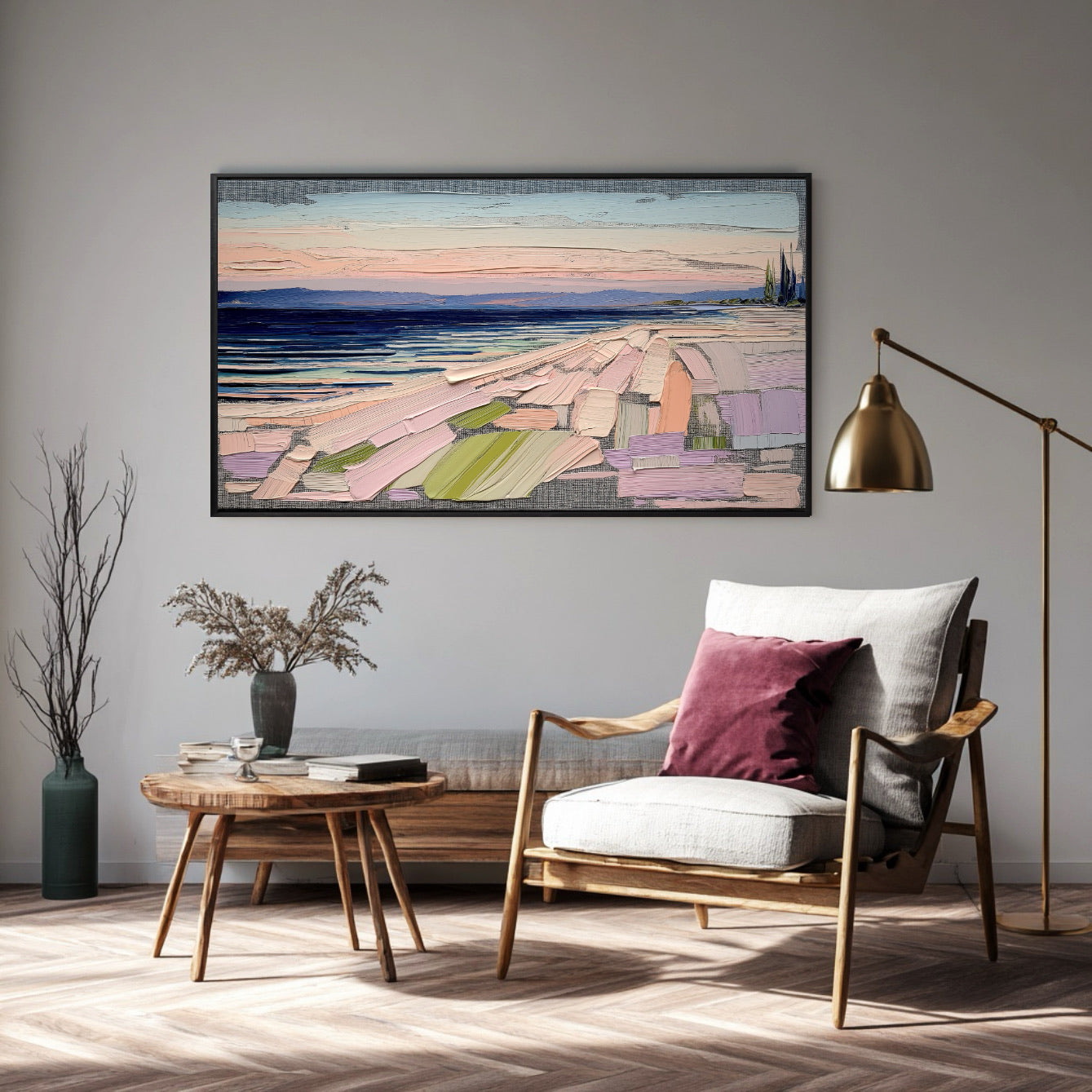 Colorful impasto art in a stylish reading corner with a wood-framed armchair, dark red pillow, and brass floor lamp.