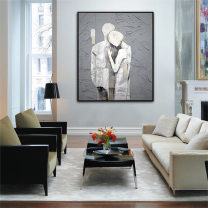 
Modern abstract couple's painting. Textured gray wall art for a minimalist living room. Creates a serene, elegant focal point.