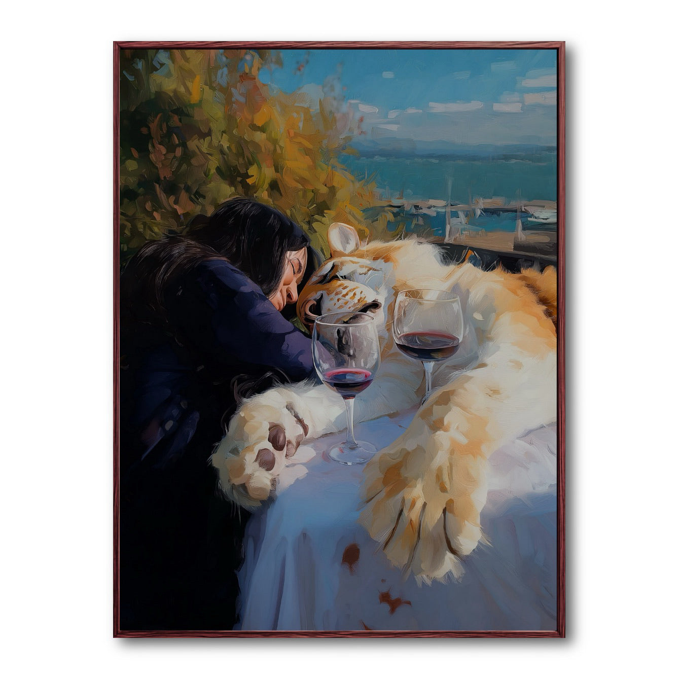 Original oil painting: Woman and tiger sharing wine. Emotional, warm, contemporary realism wall art. Romantic wildlife theme.