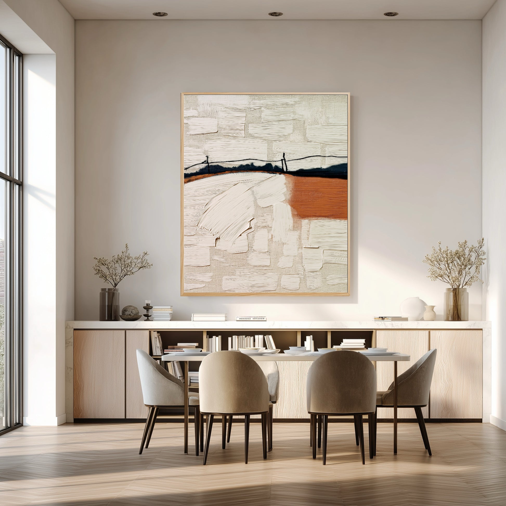 Vertical abstract art anchors the spacious wall above the minimalist wood buffet, unifying the room's elegant neutral color palette.