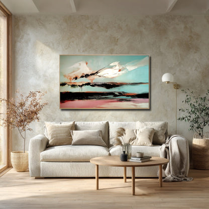 Rustic living room with textured walls and a cream sofa, featuring a large abstract painting with pink and teal tones.