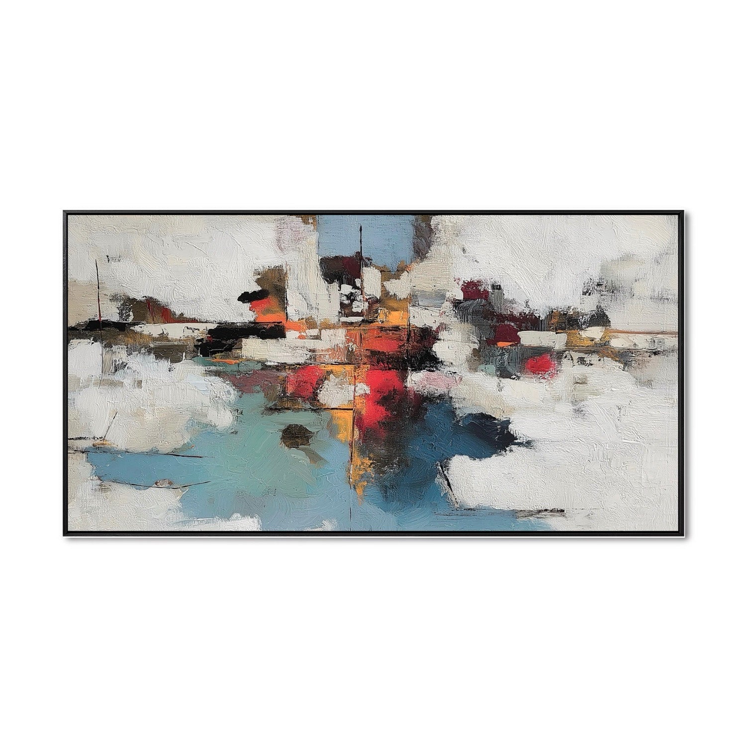Original hand-painted abstract cityscape oil art. Moody deep blue & ochre contrast, textured urban reflection style.
