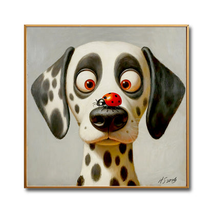 Close-up of an original cute painting showing a Dalmatian dog staring in surprise at a ladybug on its nose.