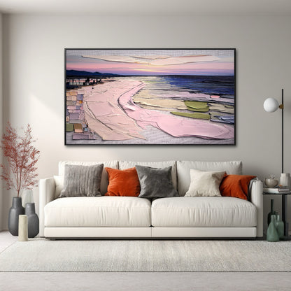 Original sunset art's vivid colors are mirrored by bold orange and gray pillows on a white sofa; perfect for a contemporary space seeking high visual impact.
