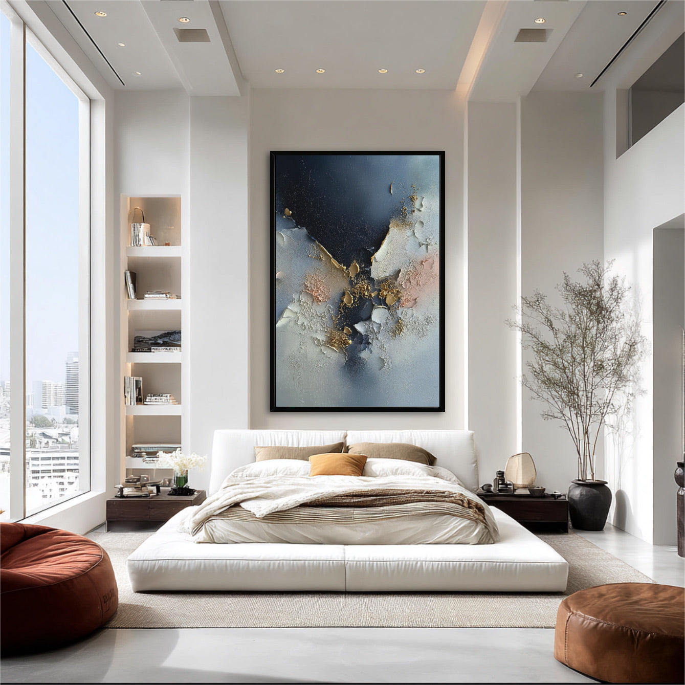 Large abstract canvas creates a dramatic focal point in a high-ceiling bedroom with a white platform bed, city view, and minimal decor.