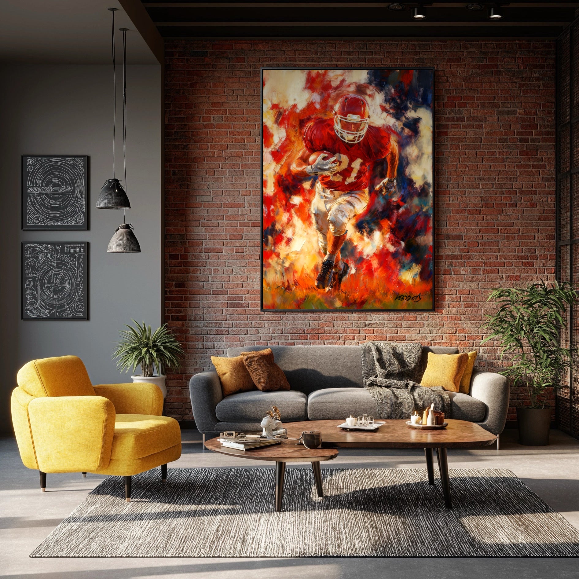 Large painting of a football player hanging on a brick wall in an industrial-style living room with a yellow armchair.