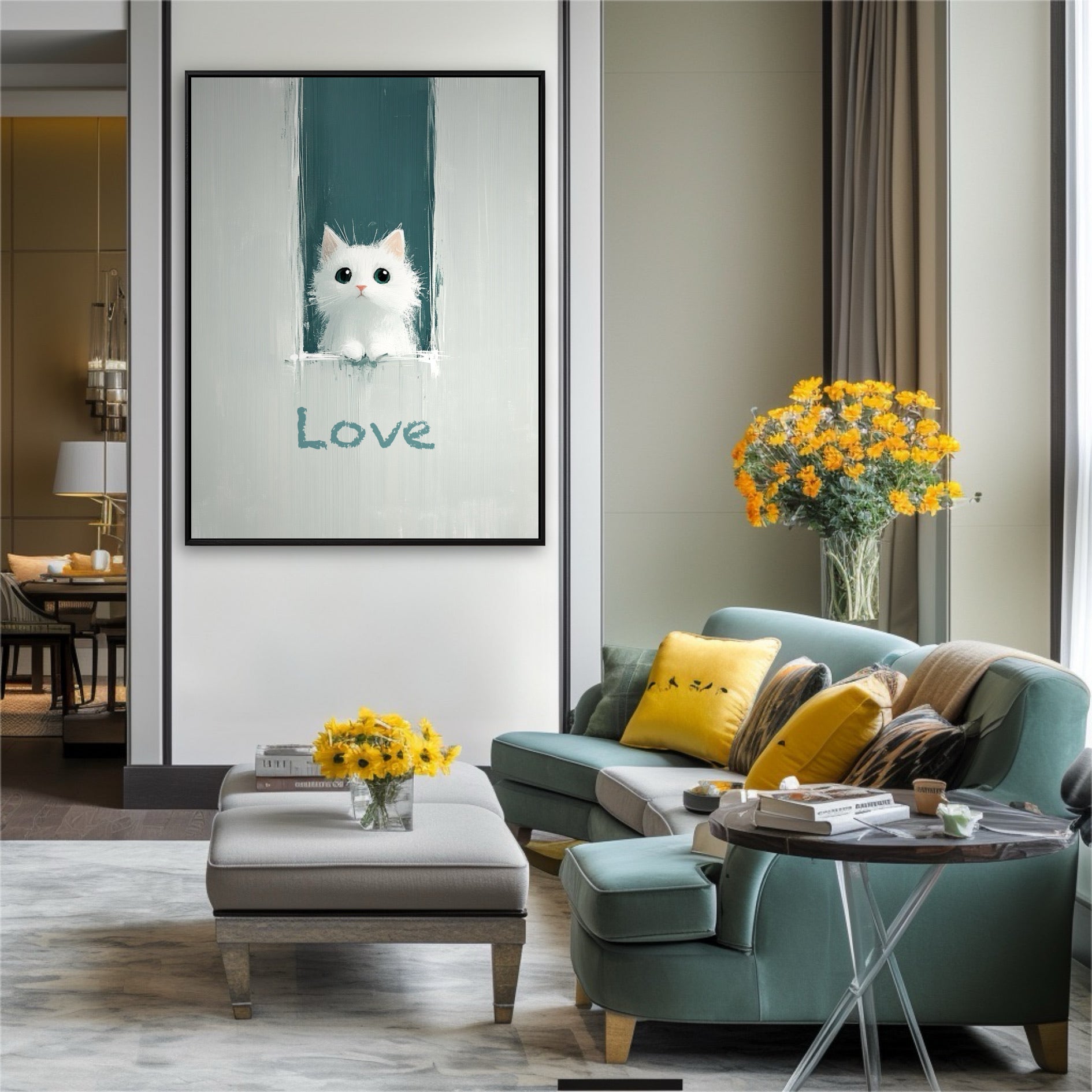 A modern cat painting's teal accent perfectly matches the armchair, tying the sophisticated living room's decor together.