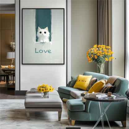 A modern cat painting's teal accent perfectly matches the armchair, tying the sophisticated living room's decor together.
