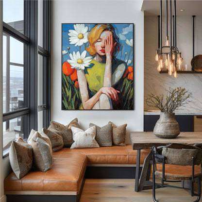 Vibrant floral artwork enhances a rustic urban window nook; bright colors pop against the leather bench seating, exposed brick, and black window frames.