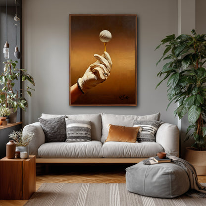 Hand-painted golf artwork centered over a light grey sofa. Golden hues warm up the fresh, botanical contemporary living room.