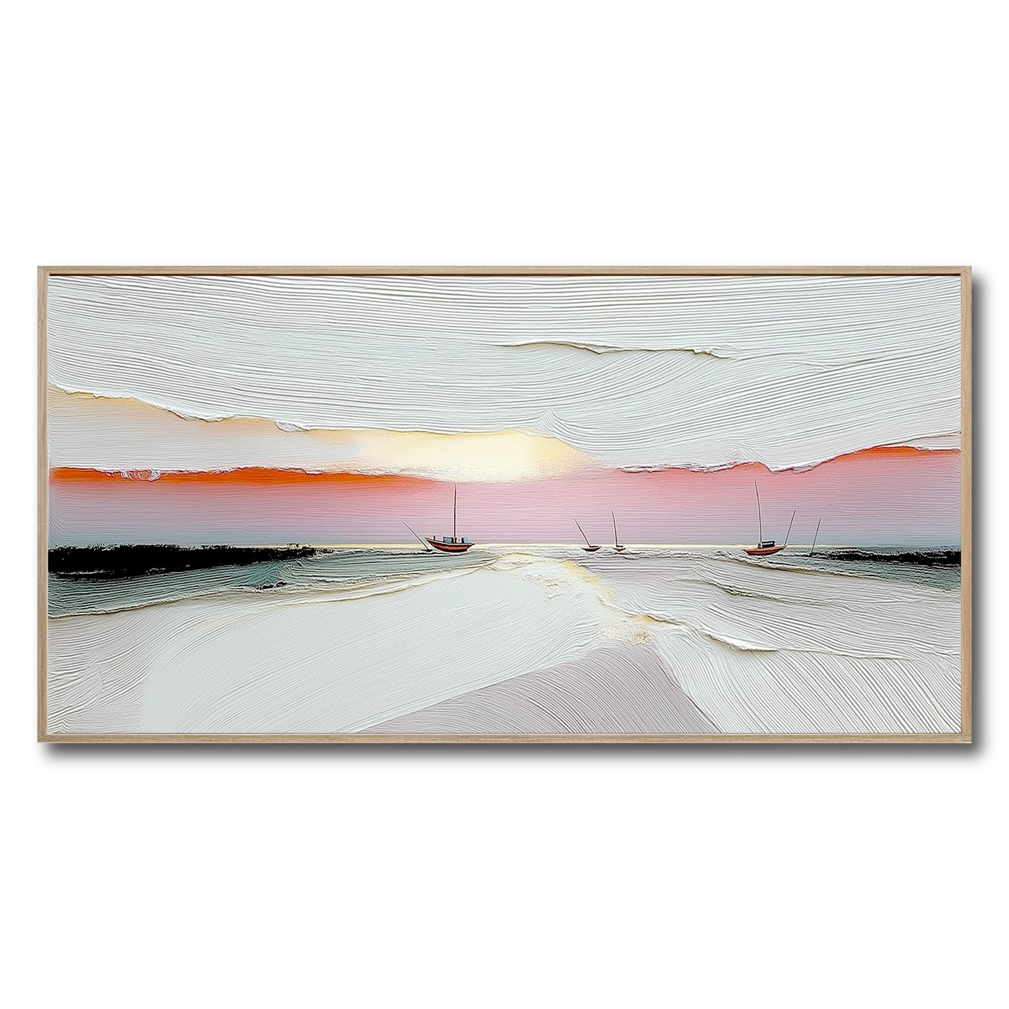 Original abstract seascape painting with thick impasto texture. Boats on the water at sunset. Modern art in white, orange, and black.