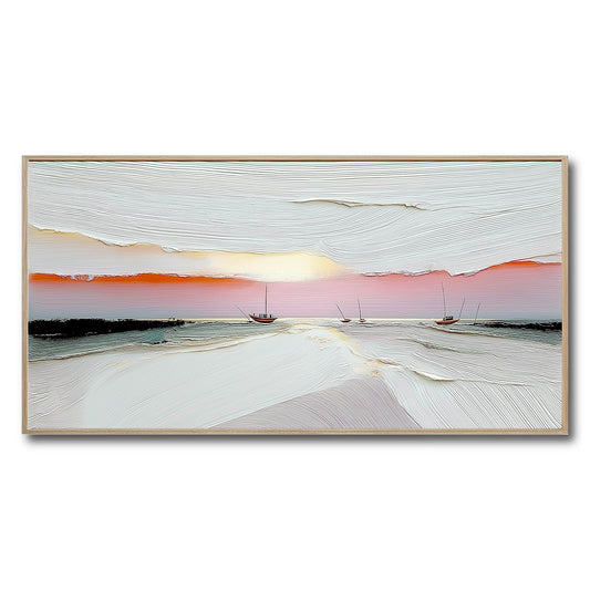 Original abstract seascape painting with thick impasto texture. Boats on the water at sunset. Modern art in white, orange, and black.