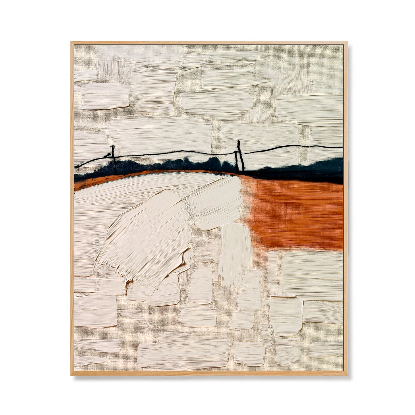 Original hand-painted abstract art with extreme texture: a minimalist landscape in warm terracotta, cream, and black tones.
