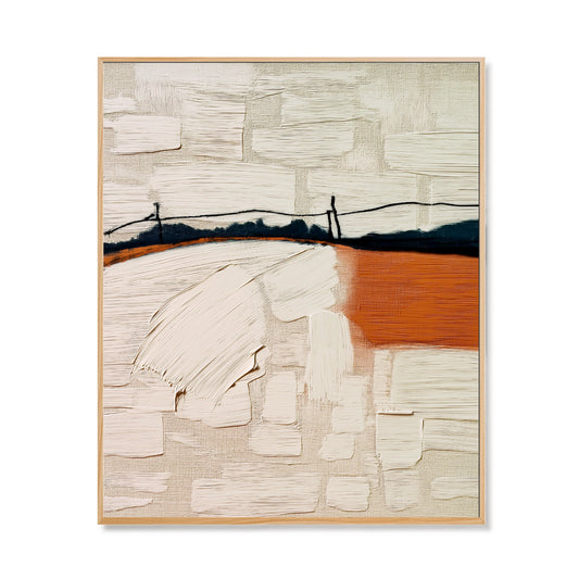 Original hand-painted abstract art with extreme texture: a minimalist landscape in warm terracotta, cream, and black tones.