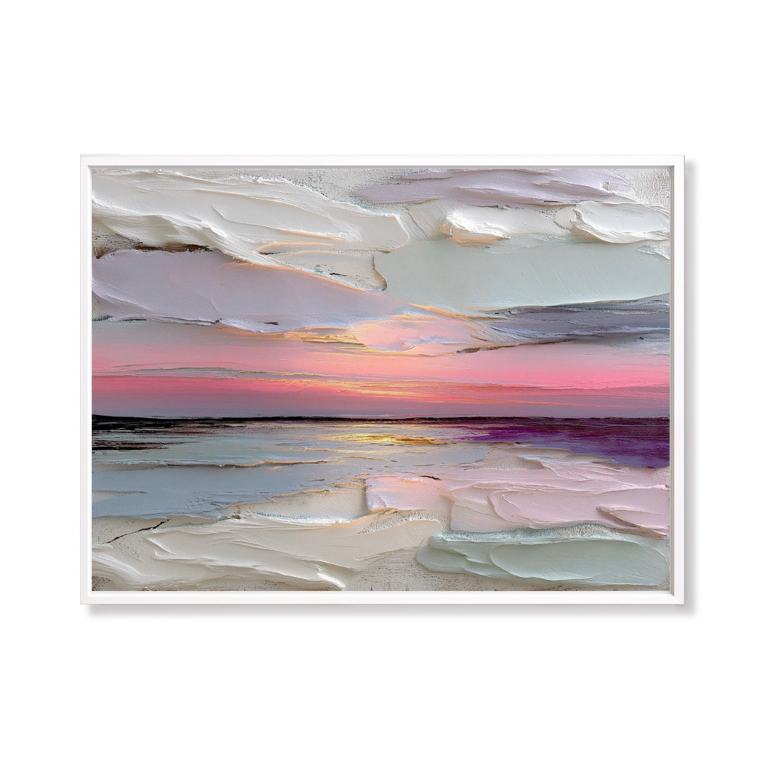 Original impasto sunset landscape painting. Textured pink, purple, and white clouds over sea. Modern palette knife seascape. Warm/cool contrast.