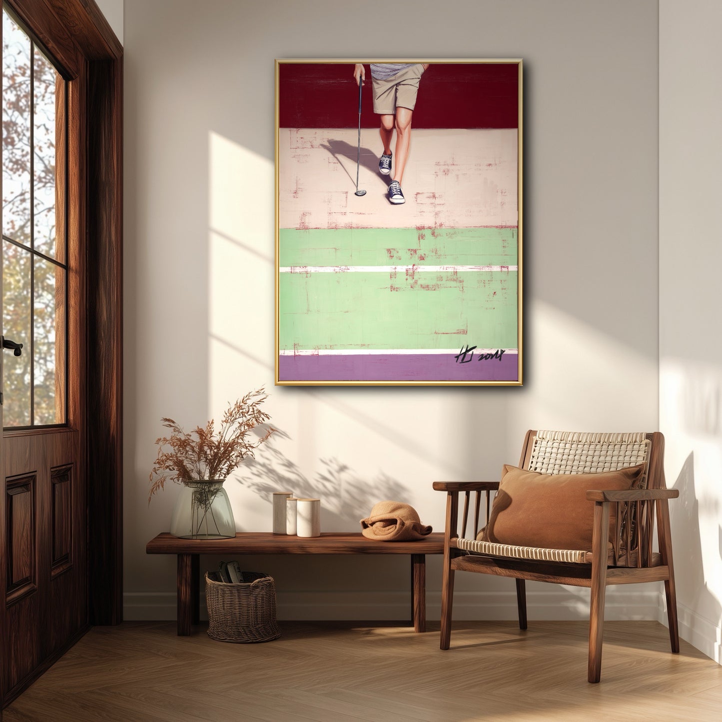 Hand-painted modern golf art in a sunlit rustic entryway. Warm wood tones soften the painting's bold geometric color blocks.