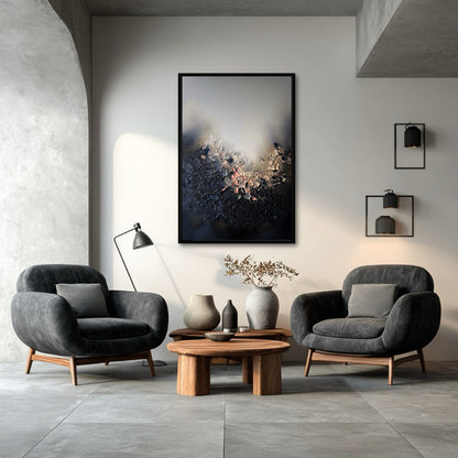 Dark abstract impasto painting hangs above two sleek gray armchairs, anchoring a minimalist conversation nook with concrete and wood elements.