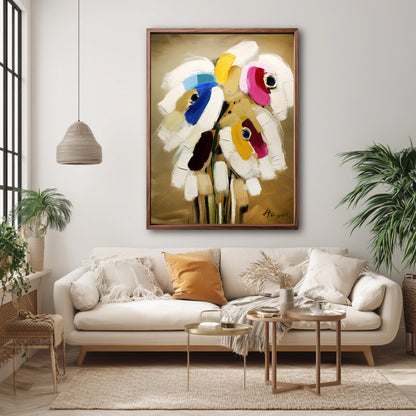 Original abstract floral art in a boho living room. Woven textures and lush green plants complement the warm golden tones.