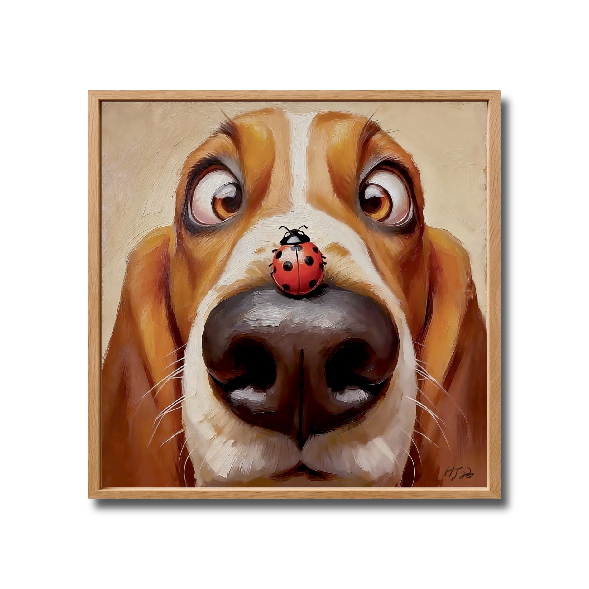 An original whimsical pop art painting of a brown and white Basset Hound dog surprised by a ladybug on its nose.