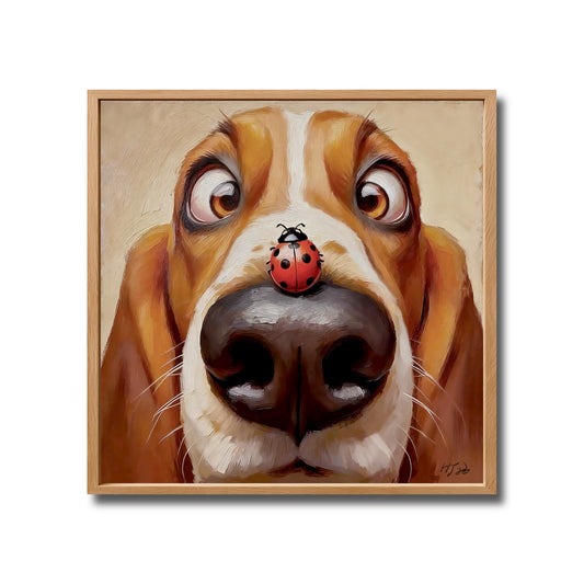 An original whimsical pop art painting of a brown and white Basset Hound dog surprised by a ladybug on its nose.