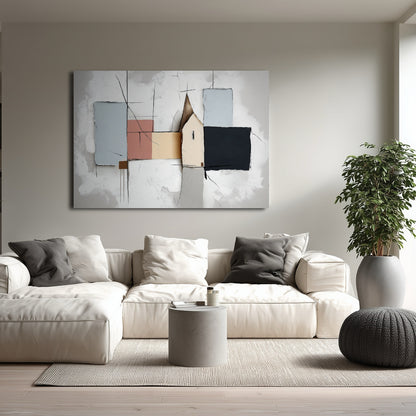 Subtle abstract painting complements the large, plush white sectional and concrete side table, adding soft colors to the clean, contemporary space.