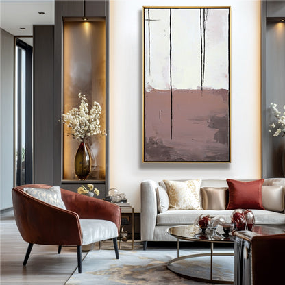 Modern minimalist painting evokes balance and calm, contrasting warm, earthy tones with stark vertical lines.
