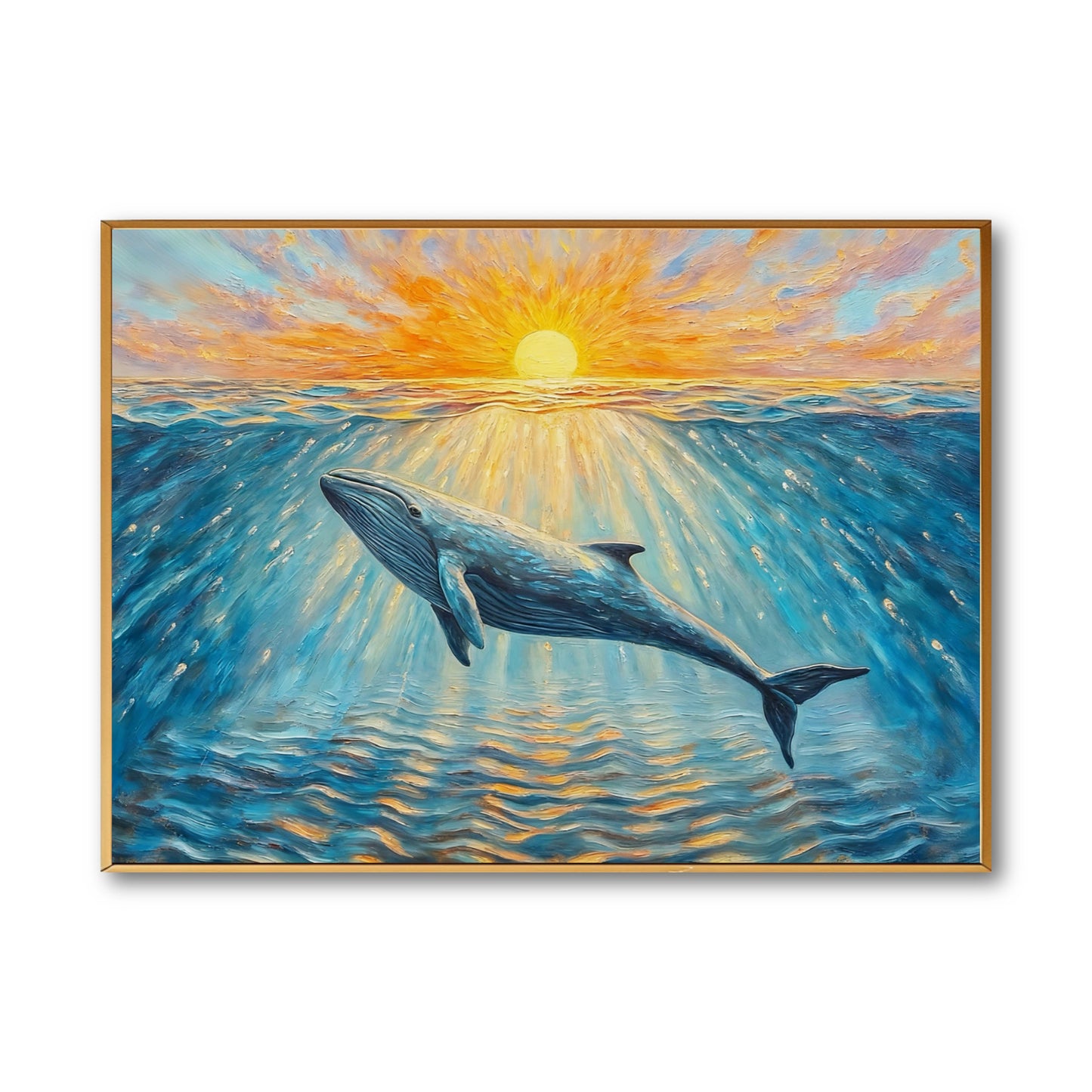 Original impressionist oil painting of a whale gliding under a warm sunset. Vibrant blue and orange tones evoke a serene, majestic feel.