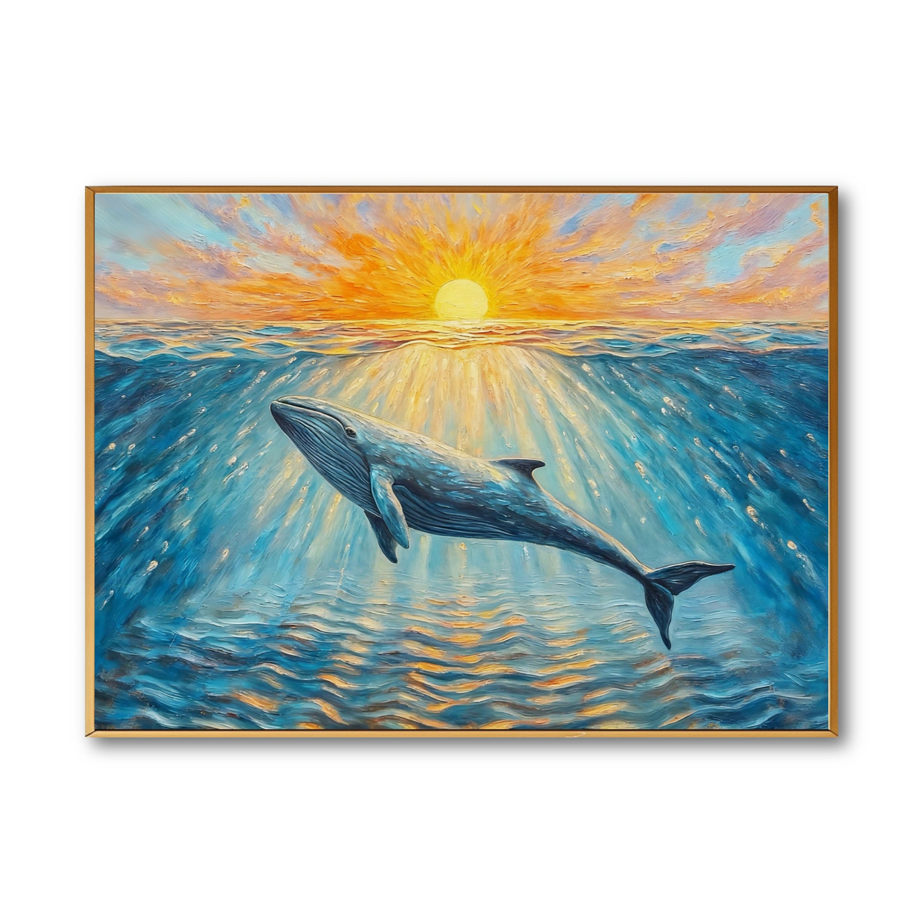 Original impressionist oil painting of a whale gliding under a warm sunset. Vibrant blue and orange tones evoke a serene, majestic feel.