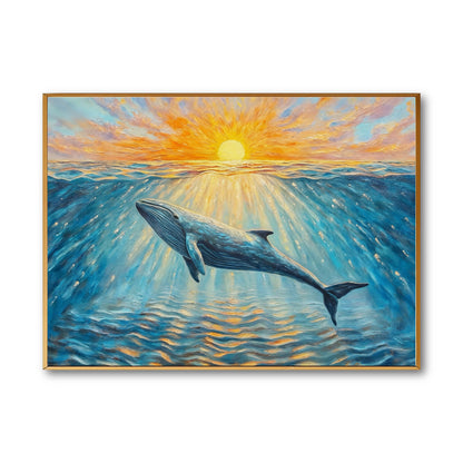Original impressionist oil painting of a whale gliding under a warm sunset. Vibrant blue and orange tones evoke a serene, majestic feel.